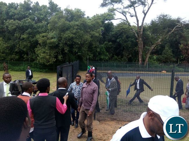 President Edgar Lungu with Livestock and fisheries Minister Michael Katambo inspects some fish ponds during the restocking of fingerlings at the State Lodge Ponds