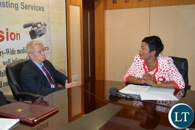 Minister of Information and Broadcasting Services Hon. Kampamba Mulenga with US Ambassador to Zambia Eric Shultz. Picture courtesy of the Ministry's Public Relations Unit Minister of Information and Broadcasting Services Hon. Kampamba Mulenga with US Ambassador to Zambia Eric Shultz. Picture courtesy of the Ministry's Public Relations Unit