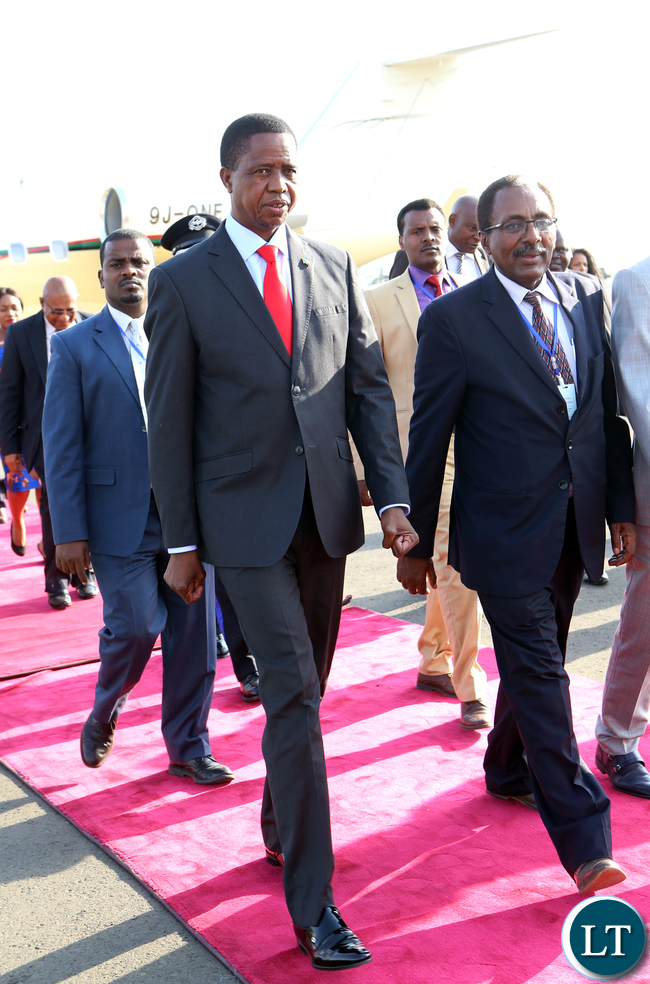 President Edgar Lungu being welcomed by Professor Fekadu Beyene Minister of Livestock and Fishery at Bole international airport in Ethiopia