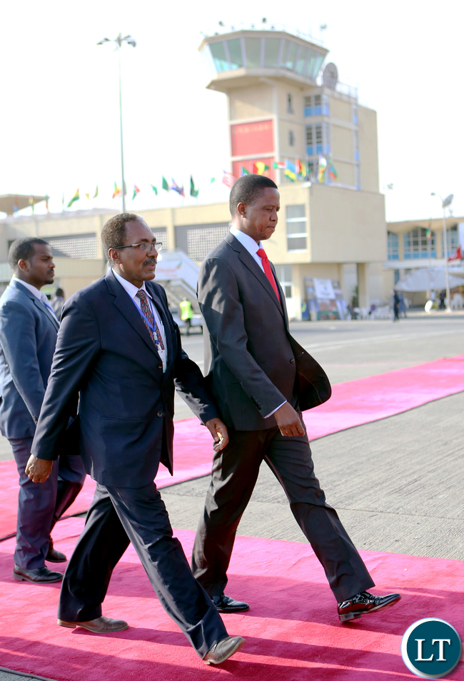 President Edgar Lungu being welcomed by Professor Fekadu Beyene Minister of Livestock and Fishery at Bole international airport in Ethiopia