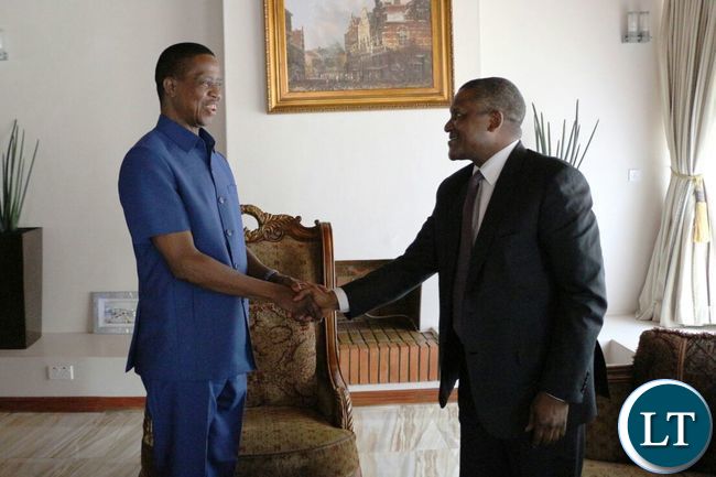President Edgar Lungu with Nigerian tycoon Aliko Dangote at State House