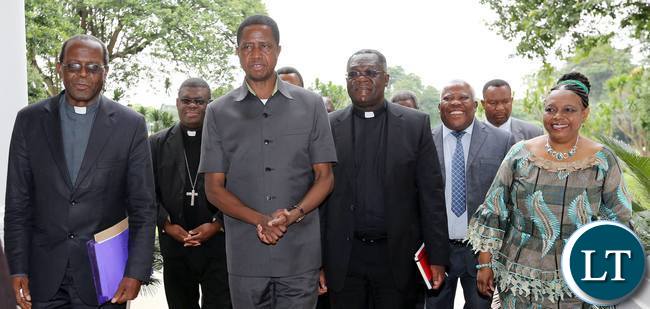 President Lungu with Archdiocese of Lusaka Archbishop Telesphore George Mpundu, Diocese of Solwezi Bishop Charles Kasonde, Diocese of Ndola Bishop Dr Alick Banda, Diocese of Mpika Bishop Justin Mulenga, Diocese of Livingstone Bishop Valentine Kalumba and Diocese of Chipata George Zumaile Lungu. This was when the Catholic Bishops paid a courtesy call on the Head of State at State House on Friday, January 20,2017 -Pictures by EDDIE MWANALEZA