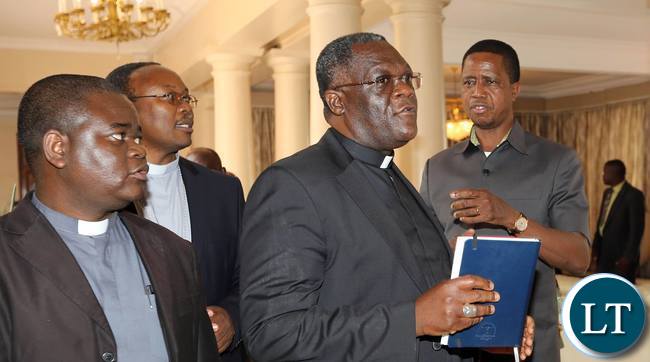 President Lungu with Archdiocese of Lusaka Archbishop Telesphore George Mpundu, Diocese of Solwezi Bishop Charles Kasonde, Diocese of Ndola Bishop Dr Alick Banda, Diocese of Mpika Bishop Justin Mulenga, Diocese of Livingstone Bishop Valentine Kalumba and Diocese of Chipata George Zumaile Lungu. This was when the Catholic Bishops paid a courtesy call on the Head of State at State House on Friday, January 20,2017 -Pictures by EDDIE MWANALEZA