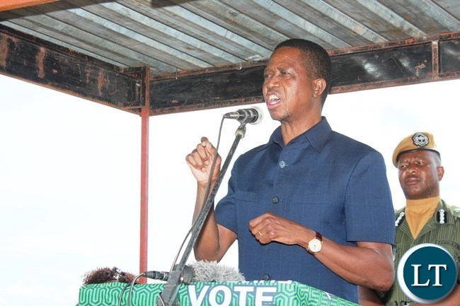 PRESIDENT Edgar Lungu, addresses a gathering that welcomed him at Lundazi airstrip on Saturday where he went to inspect fields affected by Army Worms. PICTURE BY STEPHEN MUKOBEKO/ZANIS