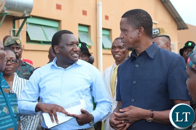 PRESIDENT Edgar Lungu interacts with Eastern Province Medical Officer, Abel Kabalo, when he inspected Lundazi District hospital in Lundazi on Saturday. PICTURE BY STEPHEN MUKOBEKO/ZANIS