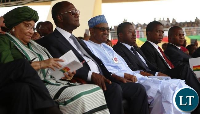 From (second right ) is President Edgar Lungu, Togolise President Faire Gnassingbe , Nigerian President Muhammadu Buhari , Ivorian President Alasain Wattara and Liberian President Johnson Sirleaf following the proceedings of the inauguration ceremony of President Nana Addo Kurfo at Black Star Stadium in Ghana yesterday .Picture by SUNDAY BWALYA From (second right ) is President Edgar Lungu, Togolise President Faire Gnassingbe , Nigerian President Muhammadu Buhari , Ivorian President Alasain Wattara and Liberian President Johnson Sirleaf following the proceedings of the inauguration ceremony of President Nana Addo Kurfo at Black Star Stadium in Ghana yesterday .Picture by SUNDAY BWALYA