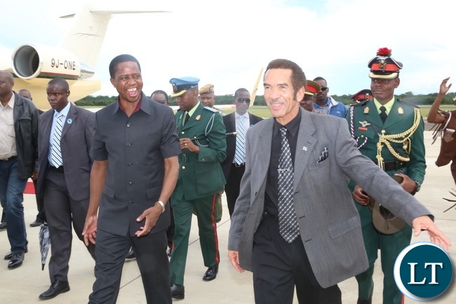 President Lungu and his Botswana counterpart Dr. Ian Khama having a light moment shortly after his arrival at Kasane airport for a two day working visit President Lungu and his Botswana counterpart Dr. Ian Khama having a light moment shortly after his arrival at Kasane airport for a two day working visit