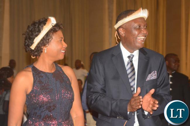 Finance Minister Felix Mutati(l) and his Wife Grace during the Ngoni Cultural Night and Dinner Dance at New Government Complex