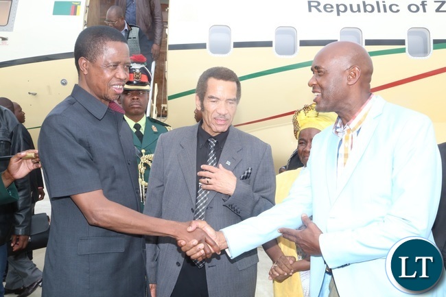 Botswana President Dr. Ian Khama introducing his Minister of transport Mr. Kitso Mokaila to President Edgar Lungu shortly after his arrival at Kasane Airport
