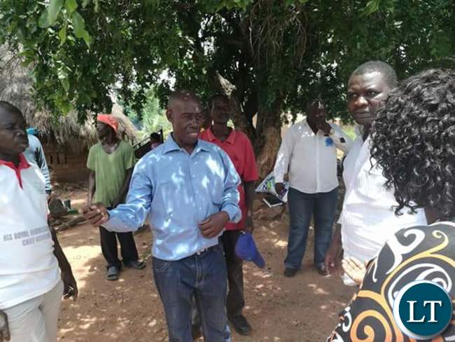 Vincent Nyangu the Luangwa District Chairperson receiving his National Secretary Raphael Nakacinda and his entourage during his to Feira, Luangwa District on Saturday.