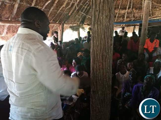 Vincent Nyangu the Luangwa District Chairperson receiving his National Secretary Raphael Nakacinda and his entourage during his to Feira, Luangwa District on Saturday.