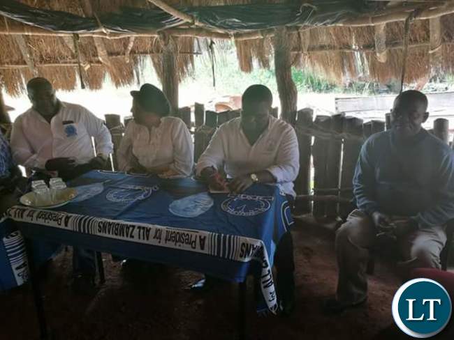 Vincent Nyangu the Luangwa District Chairperson receiving his National Secretary Raphael Nakacinda and his entourage during his to Feira, Luangwa District on Saturday.