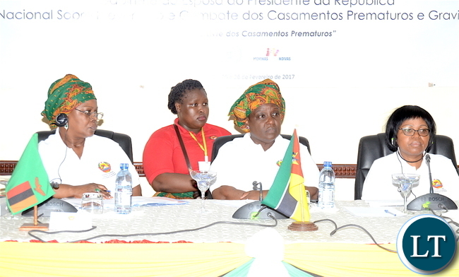 First Lady Esther Lungu (L) with Mozambique First Lady Isaura Nyusi (C) at the on-going Conference on ending child marriage and early pregnancies in Pemba City, Mozambique on February 25,2017 -Picture by THOMAS NSAMA/STATE HOUSE
