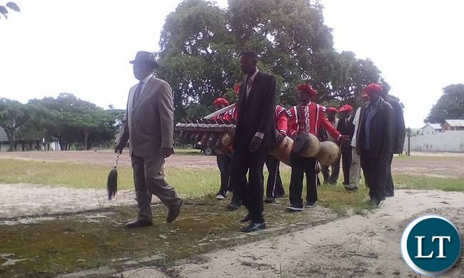 Litunga Lubosi Imwiko walks majestically escorted by the royal drummers on Saturday