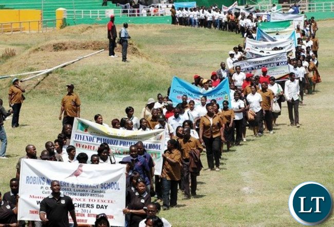 Teachers marching on World Teachers Day 2014 at the Showgrounds in Lusaka