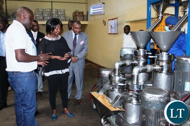 COMMUNITY Market for Conservation (COMACO) Manager, Smith Kapeya, explains to Commerce Minister, Margaret Mwanakatwe about the peanut butter processing machine. This was when the Minister toured the plant in Chipata on Thursday. PICTURE BY STEPHEN MUKOBEKO/ZANIS