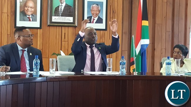 Home Affairs Minister, Mr. Stephen Kampyongo (Centre) speaking when he addressed diplomatic staff at the High Commission in Pretoria. With him are Zambia's High Commissioner to South Africa, His Excellency Mr. Emmanuel Mwamba and Deputy High Commissioner, Ms. Philomena Kachesa. This was on 2nd February, 2017