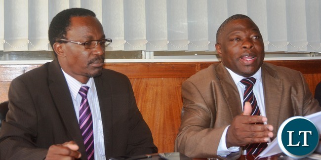Zambia Congress of Trade Unions General Secretary Comas Mukuka with Zambia Congress of Trade Unions deputy General Secretary Elaston Njovu during a Press briefing at Zambia Congress of Trade Unions offices
