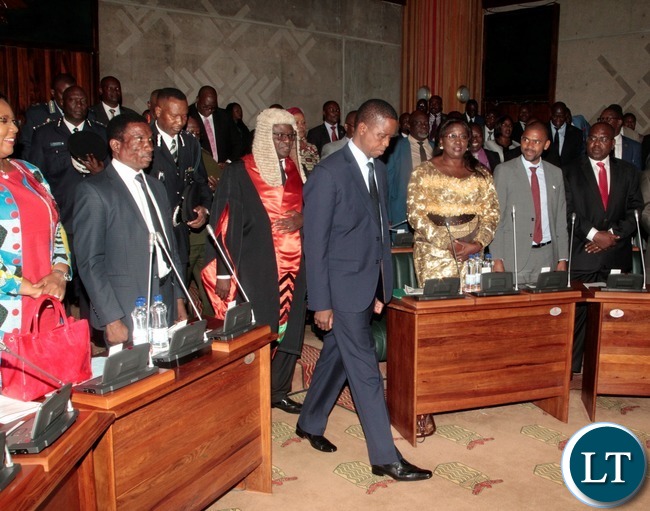 President Edgar Lungu flaked by the Speaker of Parliament Patrick Matibini enters the National Assembly of Zambia shortly before the Nation address on the application of Constitutional Values and Principles President Edgar Lungu flaked by the Speaker of Parliament Patrick Matibini enters the National Assembly of Zambia shortly before the Nation address on the application of Constitutional Values and Principles