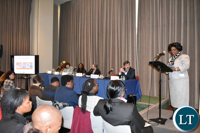 First Lady of Zambia Mrs Esther Lungu delivering a keynote address at a side-event co-organised by FAO, IFAD, WFP, UN Women, the EU and the Permanent Mission of Slovak to the UN under the theme: “Step It Up Together with Rural Women to End Hunger and Poverty” at the 61st Session of the UN Commission on the Status of Women (CSW61) in New York USA on Monday 13 March 2017. Photo | Chibaula D. Silwamba | Zambia UN Mission  
