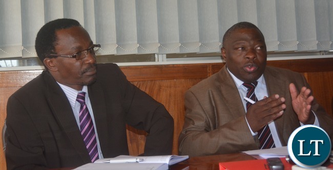 Zambia Congress of Trade Unions General Secretary Comas Mukuka with Zambia Congress of Trade Unions deputy General Secretary Elaston Njovu during a Press briefing at Zambia Congress of Trade Unions offices Zambia Congress of Trade Unions General Secretary Comas Mukuka with Zambia Congress of Trade Unions deputy General Secretary Elaston Njovu during a Press briefing at Zambia Congress of Trade Unions offices