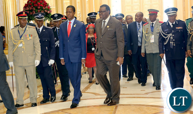 President Lungu with Namibian President at the  SADC Summitt