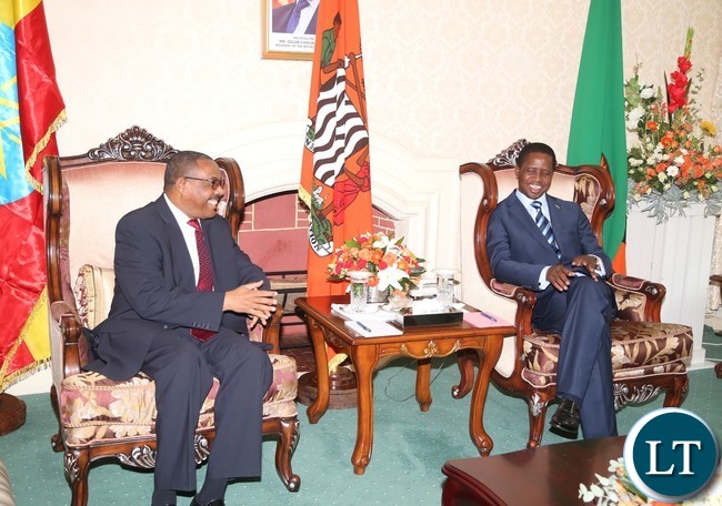 President Edgar Lungu having a light moment with His Ethiopian Counterpart Prime Minister Hailemariam Dessalagn arrives at State House