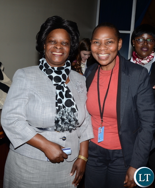First Lady Esther Lungu with Justina Mutale after addressing a side-event under the theme: Step it Up together with Rural Women to End Hunger and Povertyin the context of the sixty- first Session of the Commission on the Status of Women in New York on March 13,2017. Photo | Thomas Nsama | State House