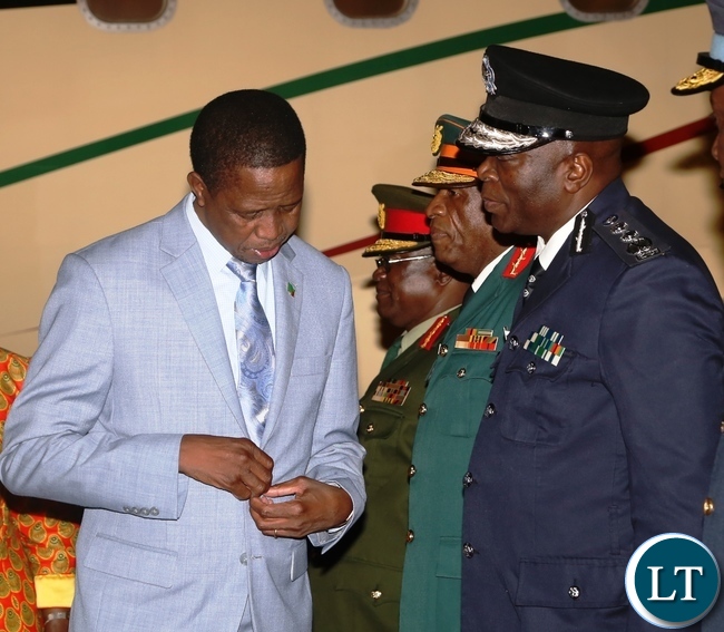 President Edgar Lungu(l) being welcomed by the Vice President Inonge Wina(r) as he arrived from Israel last night around 19:04.Picture by Ennie Kishiki/Zanis.