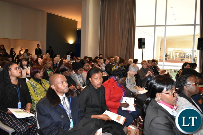 Guests listening to the First Lady of Zambia Mrs Esther Lungu (not in photo) delivering a keynote address at a side-event co-organised by FAO, IFAD, WFP, UN Women, the EU and the Permanent Mission of Slovak to the UN under the theme: “Step It Up Together with Rural Women to End Hunger and Poverty” at the 61st Session of the UN Commission on the Status of Women (CSW61) in New York USA on Monday 13 March 2017. Photo | Chibaula D. Silwamba | Zambia UN Mission  