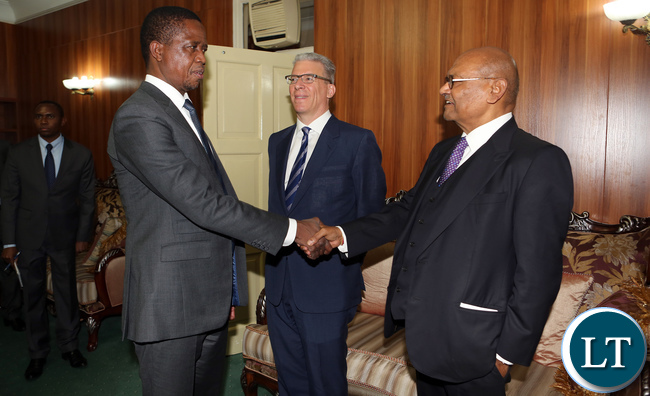 President Edgar Lungu welcomes Vedanta Resources PLC Chairman Anil Agarwal who paid a courtesy call on him at State House on Friday.