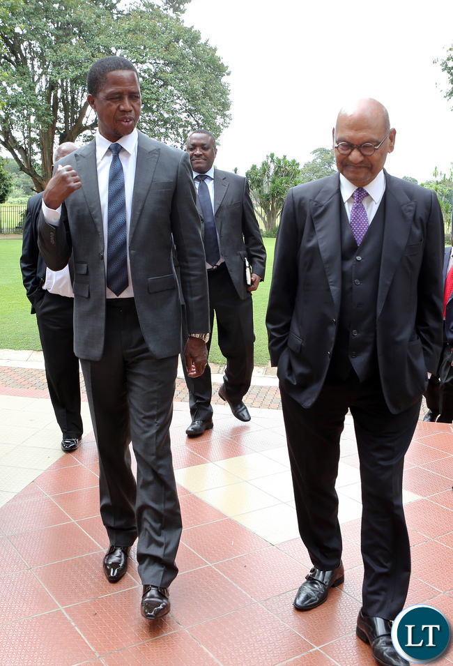 President Edgar Lungu (left) with Vedanta Resources PLC Chairman Anil Agarwal after a photo session at State House on Friday.