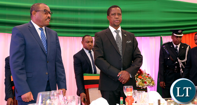 President Edgar Lungu (right) with Ethiopian Prime Minister Hailemariam Dessalegn (left) at the State Banquet held on Wednesday at Pamodzi Hotel in honour of the Prime Minister who is in the country on a State Visit. President Edgar Lungu (right) with Ethiopian Prime Minister Hailemariam Dessalegn (left) at the State Banquet held on Wednesday at Pamodzi Hotel in honour of the Prime Minister who is in the country on a State Visit.