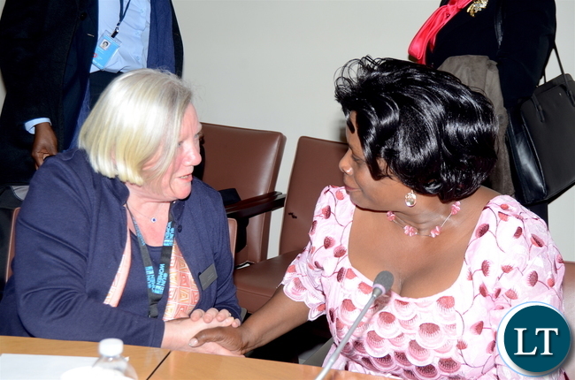 First Lady Esther Lungu speaks with ZONTA International UN Committee Chairman Leslie Wright during the International event on Economic Security: Violence against Women and the Workplace . This was on the sidelines of the 61st Session of the UN Commission on the Status of Women at UN Headquarters in New York on Wednesday, March 15,2017 - Picture by THOMAS NSAMA