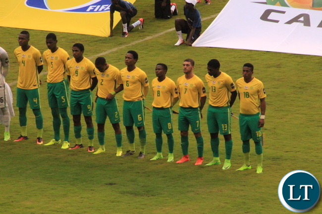 South Africa and Cameroon under-20 teams sing their National anthems at Ndola's Levy Mwanawasa stadium:Pictures by Frank Ching'ambu