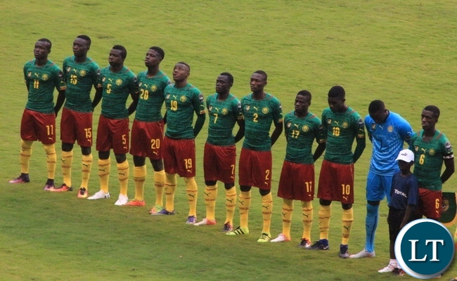 South Africa and Cameroon under-20 teams sing their National anthems at Ndola's Levy Mwanawasa stadium:Pictures by Frank Ching'ambu