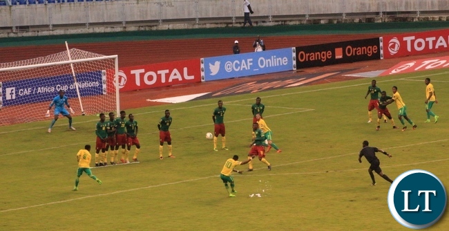 South Africa's Luther Singh takes a free kick that resulted into an equlising goal against Cameroon on Monday.