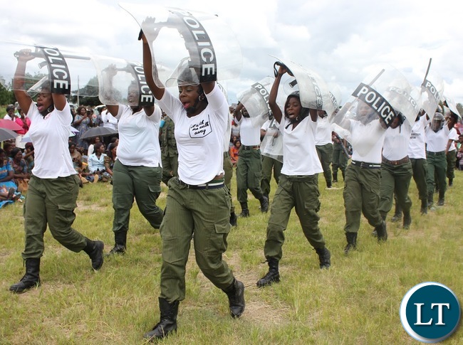 IN RIOT GEAR: Police women in Serenje district demonstrate how Police quail riots. This was during the commemoration of the International women’s day in Serenje district held at the national square.