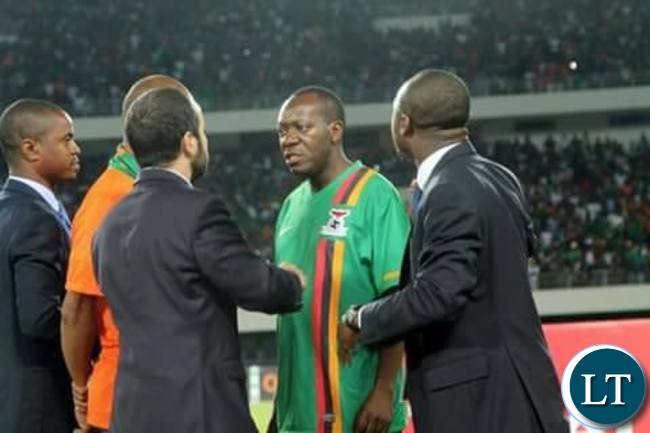 Kaizer Zulu in a scuffle with CAF officials at Heroes Stadium