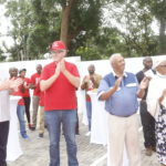 (L-R) Vodafone CEO Mr Lars Stork, Vodafone Marketing Director Michael Horup, and Mr and Mrs Kibrom at the prize giving event at Vodafone Zambia.