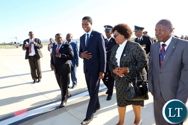 President Edgar Lungu being Welcomed by Senator Winnie Magaqula minister of Labour and Social Security in Swaziland 