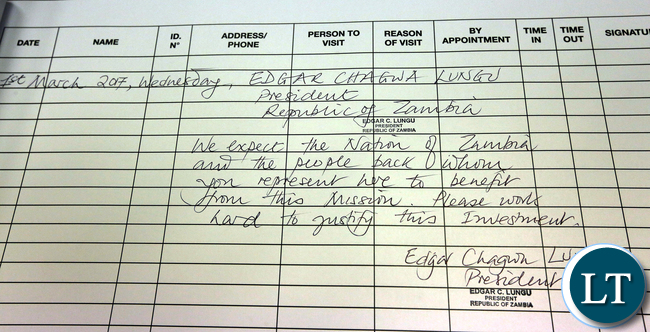 President Lungu Signs in the Visitors Book at the Zambian Mission in Israel 