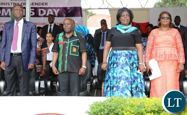 From (left) is finance Minister Felix Mutati , Home affairs Minister Stephen Kampyongo, Lands Minister Jean Kapata and Minister in the office of the vice President Silvia Chalikosa during the commemorations of this year's international women's day celebrations in the showgrounds in Lusaka . Picture by SUNDAY BWALYA /ZANIS