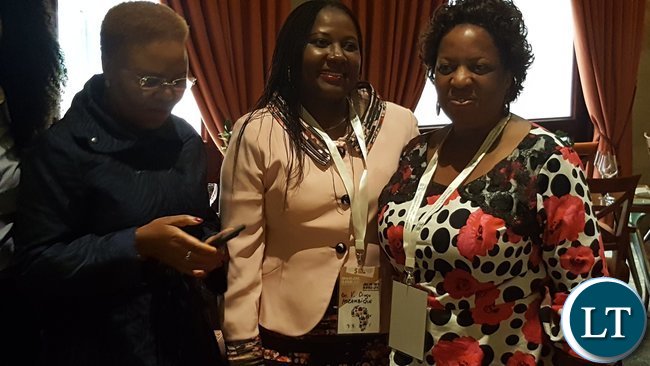 Labour and Social Security Minister, Mrs. Joyce Nonde-Simukoko (r) with Mozambican Minister of Labour, Employment & Social Security, Ms. Vitoria Diogo, and South Africa's Minister of Small Business Development, Ms. Lindiwe Zulu during a break at the Jobs for Youths in Africa (JFYA) regional ministerial conference in Pretoria on 27th February, 2017