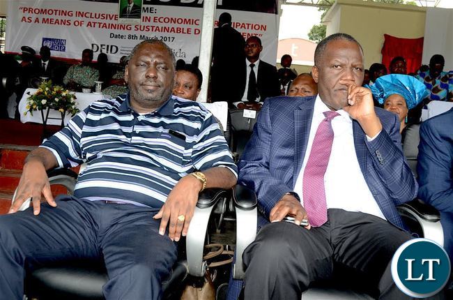 Finance minister Felix Mutati with Defense minister Davies Chama at Lusaka Show Grounds during the International Women's Day Commemoration at Lusaka Show grounds on Wednesday, March 8,2017 -Picture by THOMAS NSAMA/STATE HOUSE