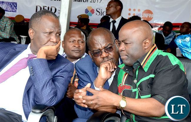 Finance minister Felix Mutati with Health minister Dr Chitalu Chilufya and Home affairs minister Stephen Kampyongo at Lusaka Show Grounds during the International Women's Day Commemoration at Lusaka Show grounds on Wednesday, March 8,2017 -Picture by THOMAS NSAMA/STATE HOUSE