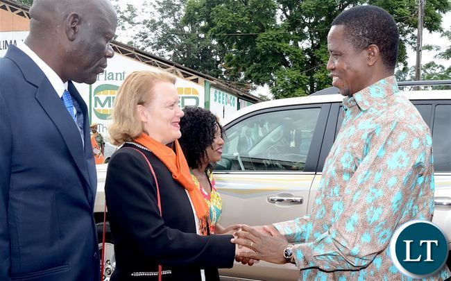 President Lungu being welcomed by UN Resident Coordinator Janet Rogan on arrival at Lusaka Show Grounds for the International Women's Day Commemoration at Lusaka Show grounds on Wednesday, March 8,2017 -Picture by THOMAS NSAMA/STATE HOUSE
