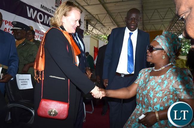 First Lady Esther Lungu bids farewell to UN resident Coordinator Janet Rogan after the International Women's Day Commemoration at Lusaka Show grounds on Wednesday, March 8,2017 -Picture by THOMAS NSAMA/STATE HOUSE