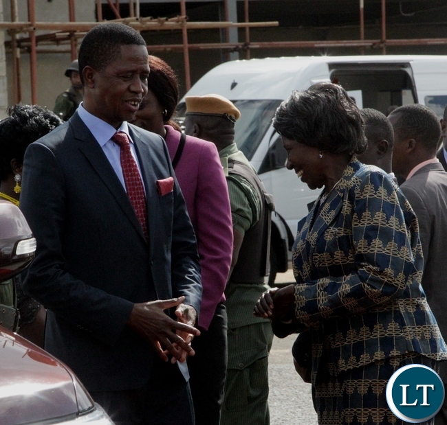 President Edgar Lungu(l) speaks to Vice President Inonge Wina(r) at City Airport in Lusaka yesterday before departure for Mongu to attend the Kuomboka Ceremony ,7-04-2017. Picture by Ennie Kishiki/Zanis.