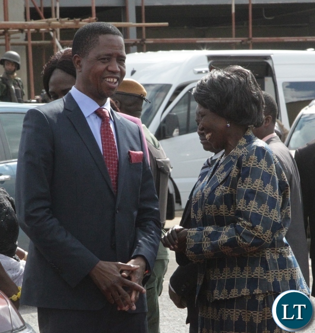 President Edgar Lungu(l) speaks to Vice President Inonge Wina(r) at City Airport in Lusaka yesterday before departure for Mongu to attend the Kuomboka Ceremony ,7-04-2017. Picture by Ennie Kishiki/Zanis.
